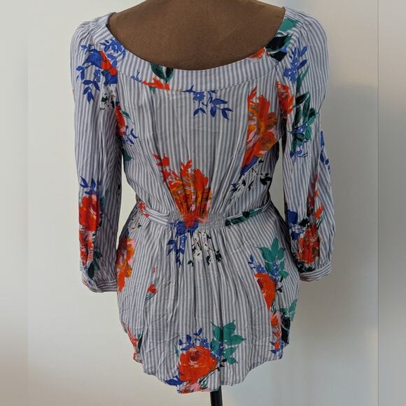 Maeve Anthropologie Lilorne Floral Stripes Tie Button Down 100% Rayon Blouse US0 - Picture 3 of 9